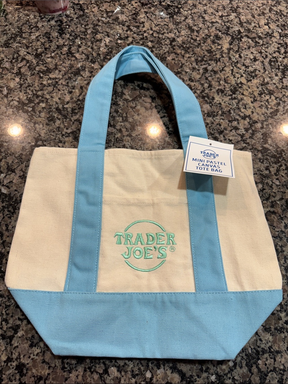 Trader Joe's Mini Canvas Tote Bag in Light Blue & Cream